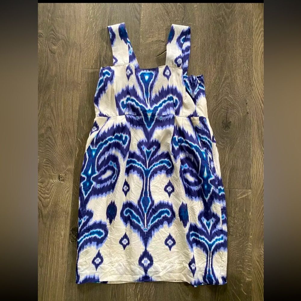 Banana Republic Silk‎ Dress White Blue Purple Pockets Short Knee Length S 4